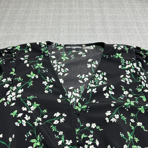 Karl Lagerfeld Top Womens Small Black Ditsy Floral Smocked Shirt Faux Button Up - Picture 3 of 11